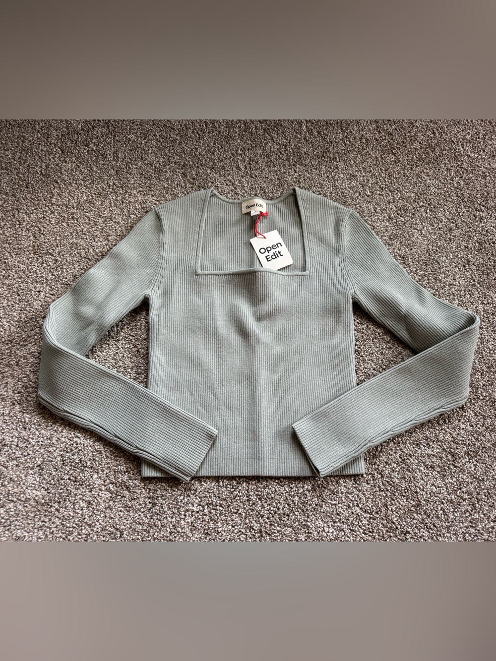Open Edit Ribbed Square Neck Long Sleeve